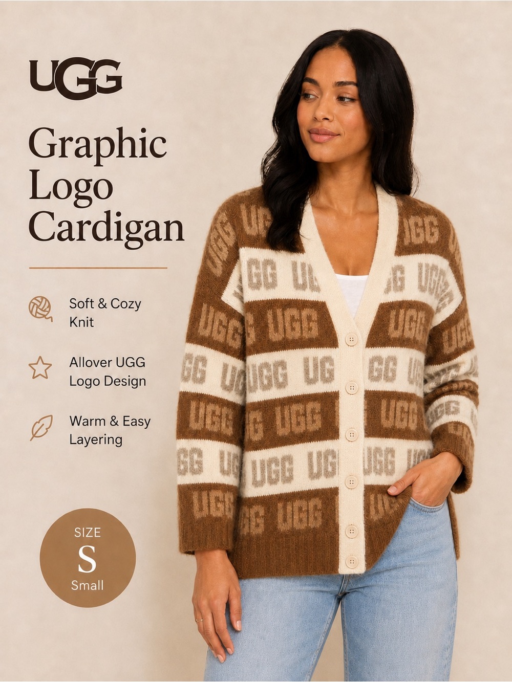 UGG Graphic Logo Cardigan Chestnut Multi Wool Blend Size S